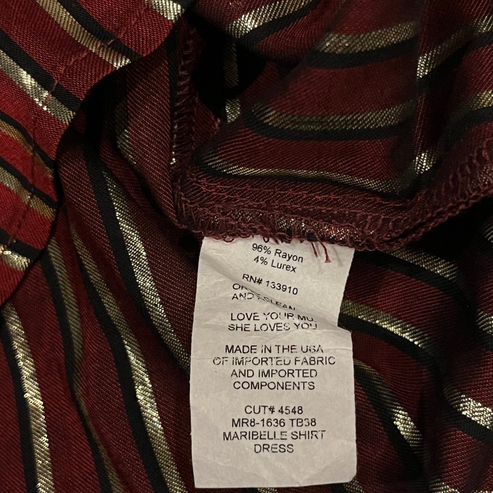Mumu Maribelle Shirt Dress Red Burgundy Gold Metallic Stripe Tunic Show Me Small - Picture 4 of 8